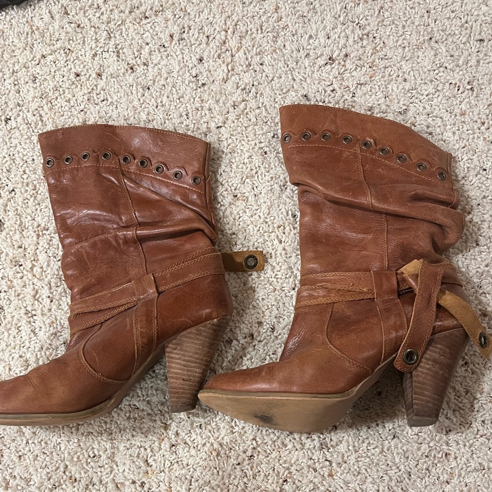 Leather Mid Calf Heeled Boots 9